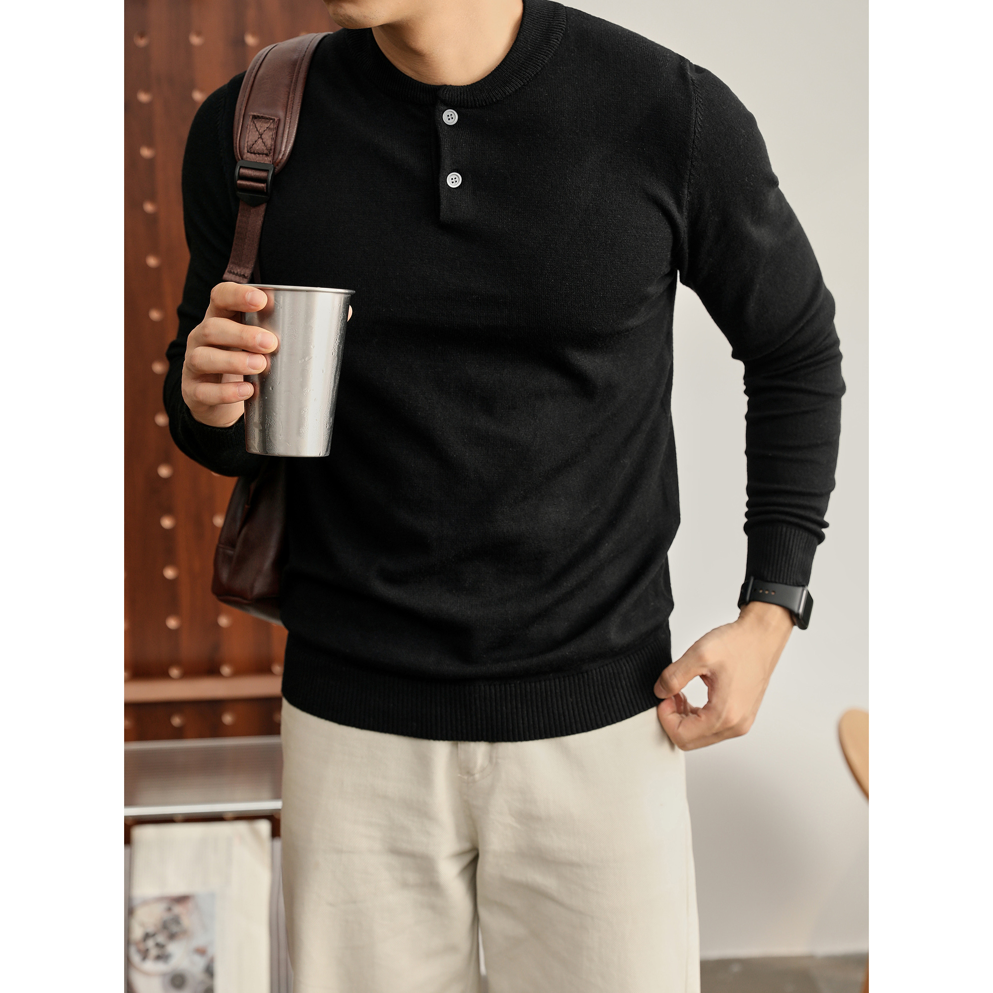 LUUD 秋冬黑色羊毛混纺修身长袖毛衣双纽扣亨利领单穿打底针织衫