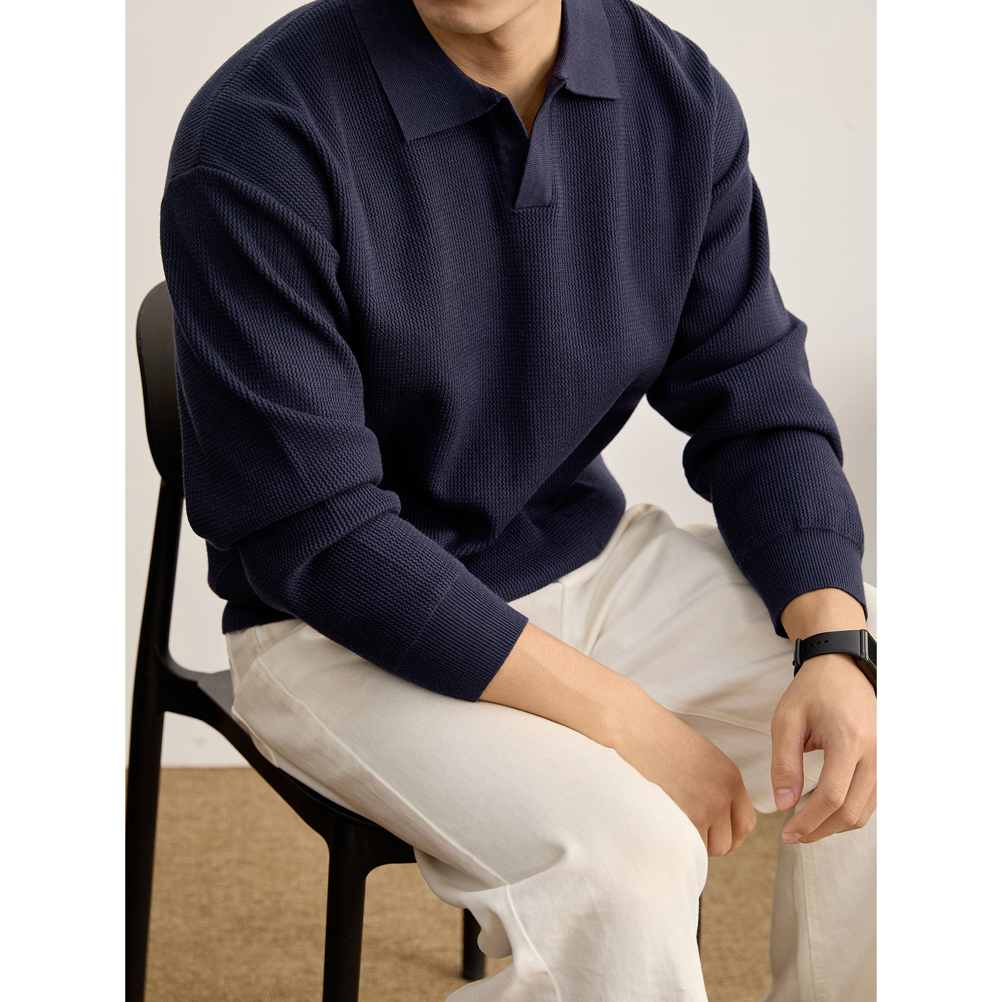 LUUD 都市通勤针织肌理感POLO衫毛衣秋冬款净色休闲海欧领长袖男