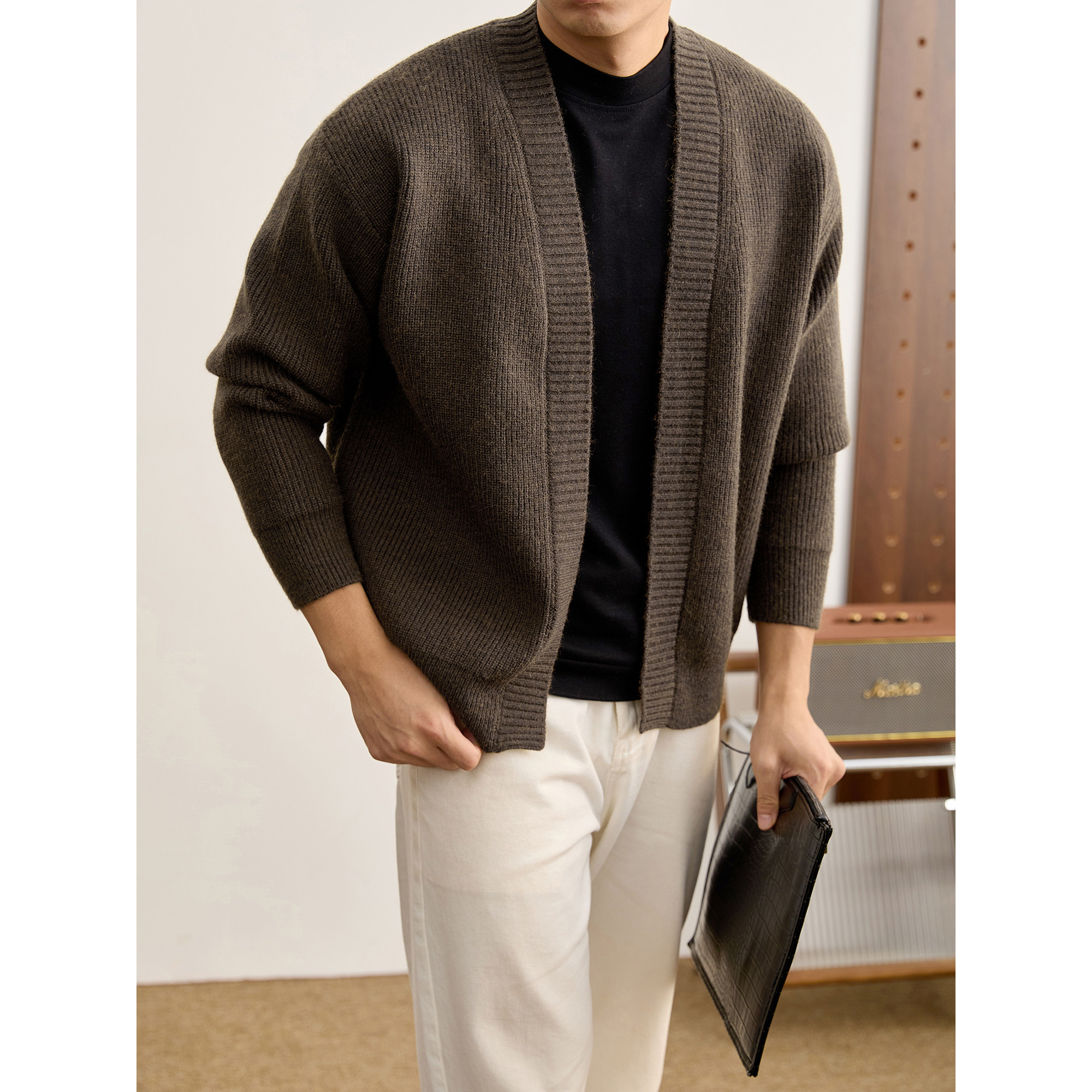 LUUD 高端老钱风无扣针织开衫男秋冬坑条纹理纯色休闲V领毛衣外套