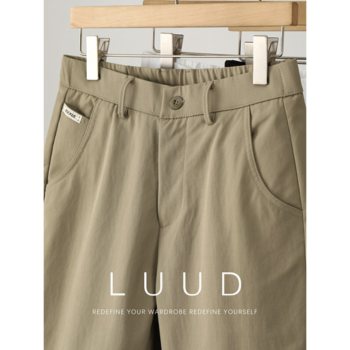 LUUD 夏季字母小标签半松紧腰直筒中裤格纹肌理感抗皱五分短裤男