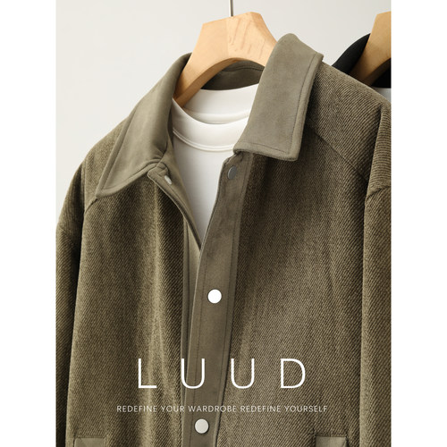 LUUD 灯芯绒拼料翻领按扣哈灵顿羽绒服夹克男冬85白鸭绒保暖外套