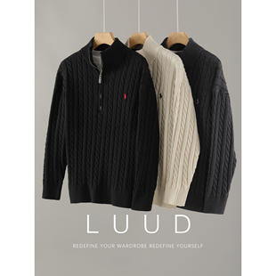 LUUD 男秋冬骑士刺绣拉链高领毛衣 麻花纹高弹抗起球包芯纱针织衫