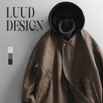 LUUD 美式复古可拆卸连帽皮衣男秋季机车PU皮夹克痞帅飞行员外套