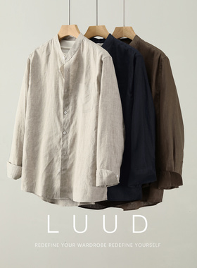 LUUD 100%纯亚麻薄款透气中山领长袖衬衫男春夏复古老钱立领衬衣