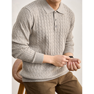 翻领毛衣男春绞花肌理针织POLO衫 LUUD 儒雅老钱贵气亚麻混纺长袖