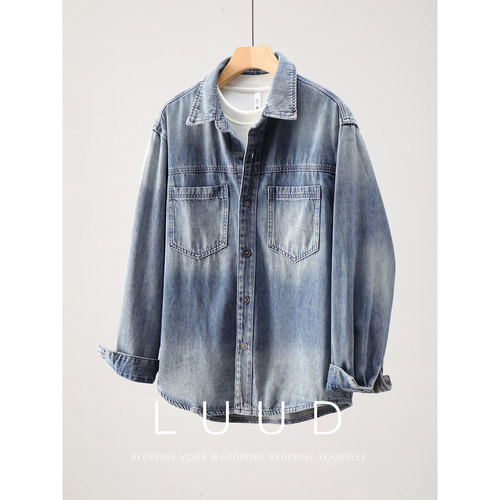LUUD 重磅水洗渐变肌理感牛仔外套男春季美式复古双贴袋翻领衬衫