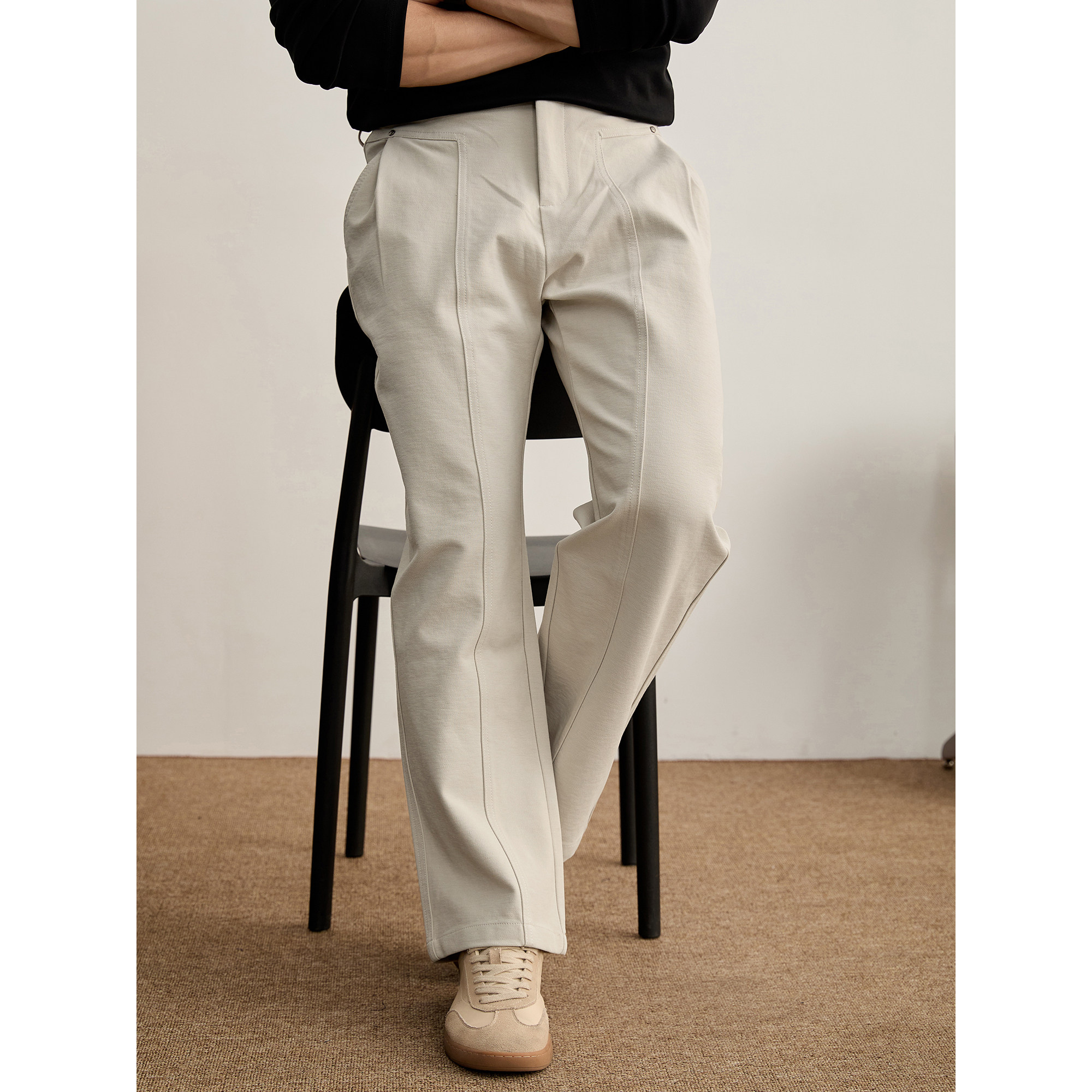 LUUD 辑明线分割拼接半松紧腰长裤轻熟风铆钉斜切口袋直筒西裤男,男装,休闲裤,淘宝优惠券,粉丝福利购,淘宝优惠卷