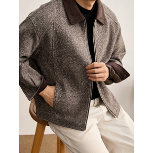 灯芯绒拼接翻领夹克冬装 LUUD 复古轻熟羊毛混纺磨毛休闲外套男士