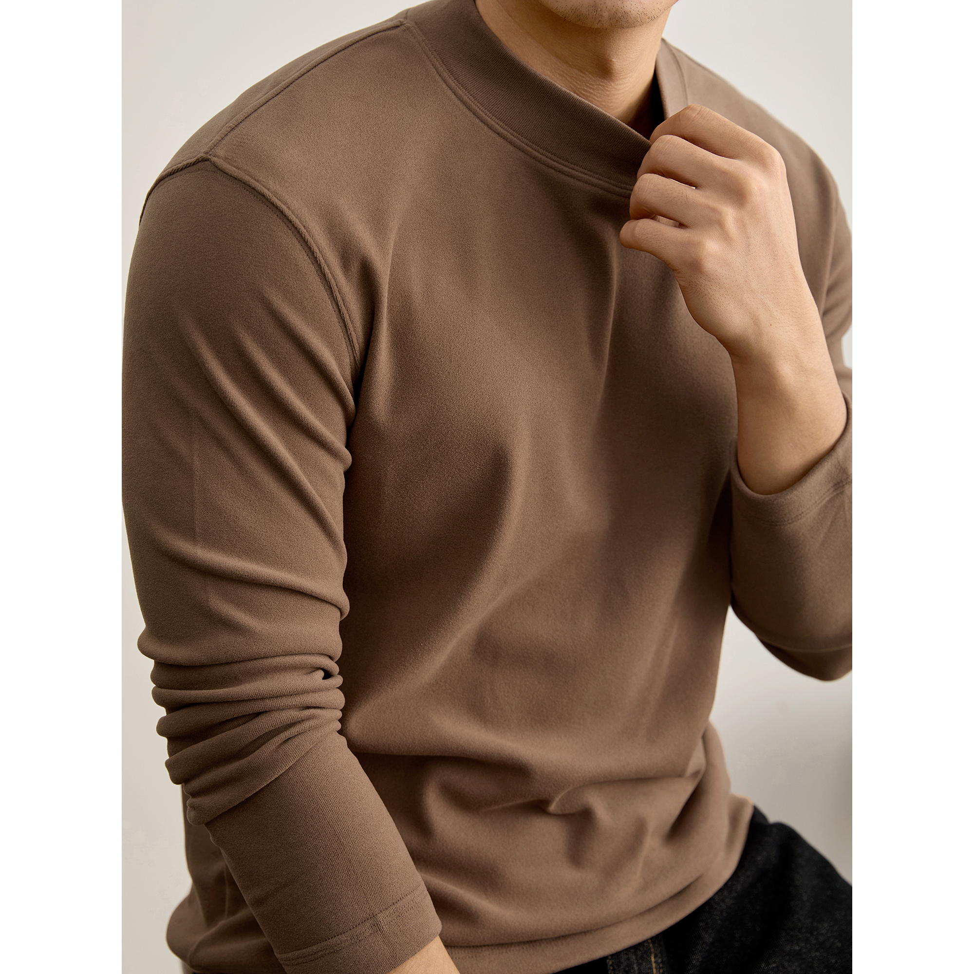 LUUD 秋冬男士保暖双面磨毛德绒半高领长袖T恤纯色极简内搭打底衫