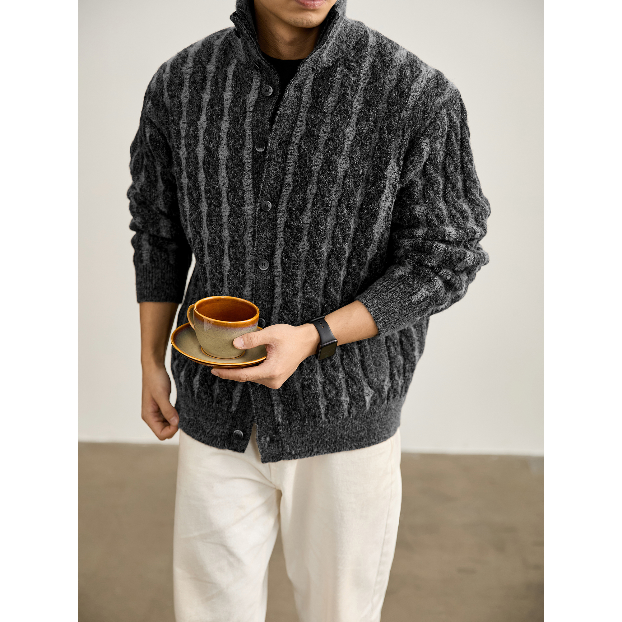 LUUD 慵懒老钱风针织开衫男冬绞花肌理重磅1200g加厚高领毛衣外套