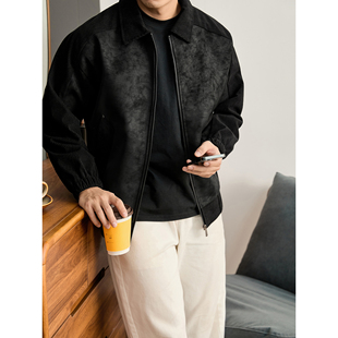 LUUD 潮奢痞帅PU皮防风外套男冬装灯芯绒竖条纹理插肩袖拼接夹克