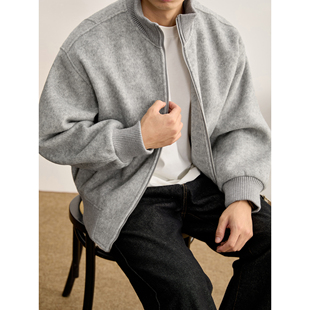 LUUD 简约轻奢罗纹收口立领夹克冬 羊毛混纺磨毛肌理毛呢外套男士