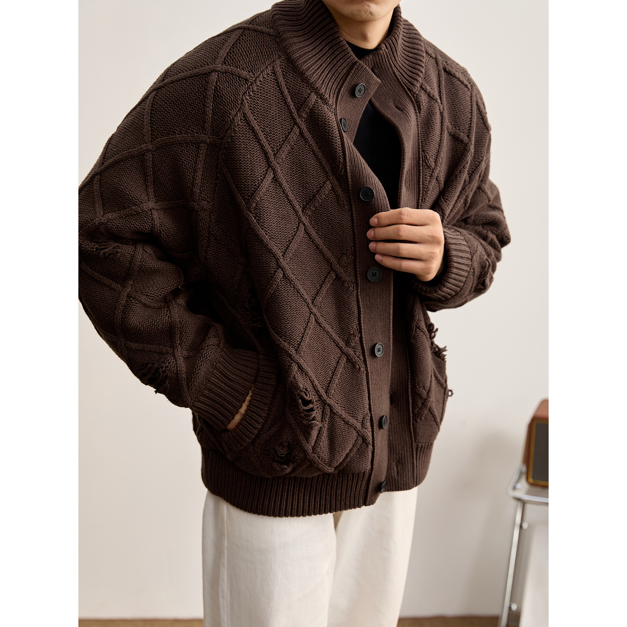 LUUD 复古老钱风菱格肌理针织刮破毛衣外套男冬90鸭绒重磅羽绒服