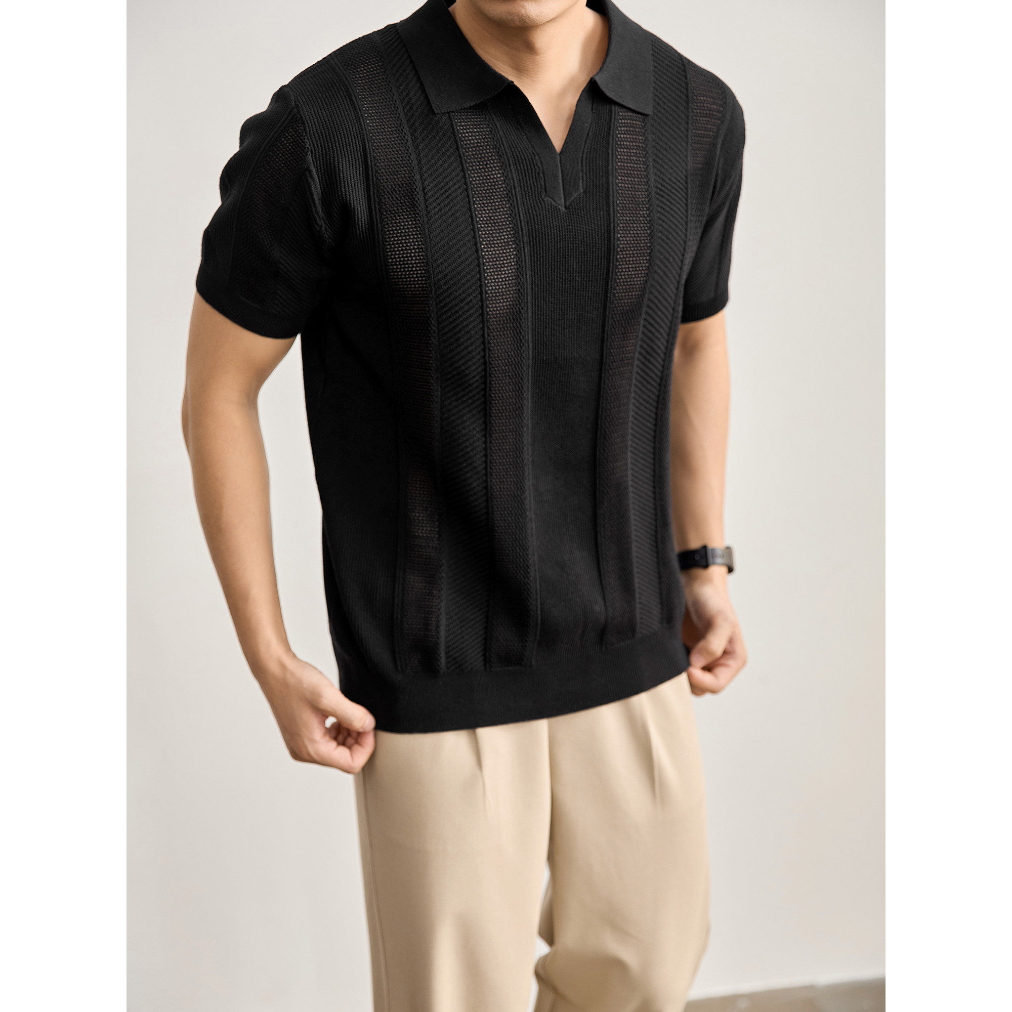 LUUD 纯欲风镂空透视网提花针织衫透气亚麻莱赛尔翻领POLO短袖男