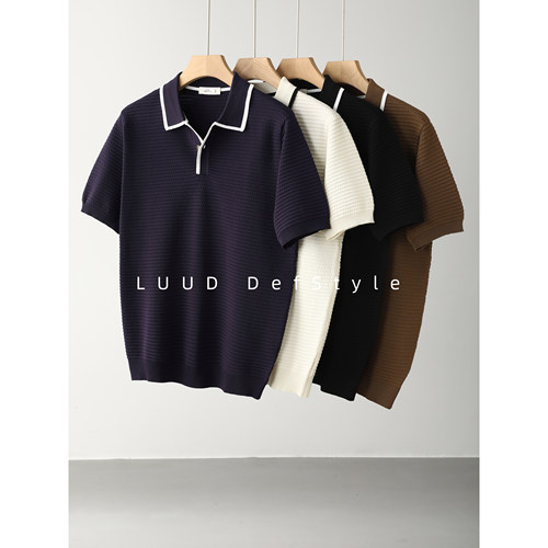 LUUD 青春潮流撞色包边翻领POLO短袖微镂空格纹肌理透气针织T恤男