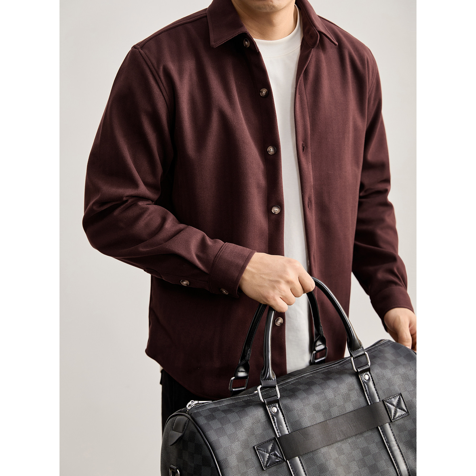 LUUD 定制树脂纽扣抗皱免烫垂感毛呢衬衫男早春保暖老钱翻领衬衣