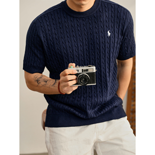 LUUD 气质含羊毛麻花编织纹理短袖男夏骑士刺绣圆领修身T恤针织衫