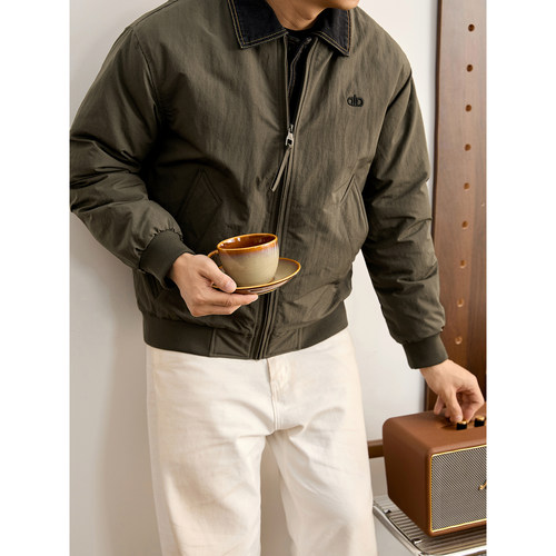 LUUD 层次感明线牛仔领刺绣羽绒服白鸭绒假两件拼接夹克外套男冬