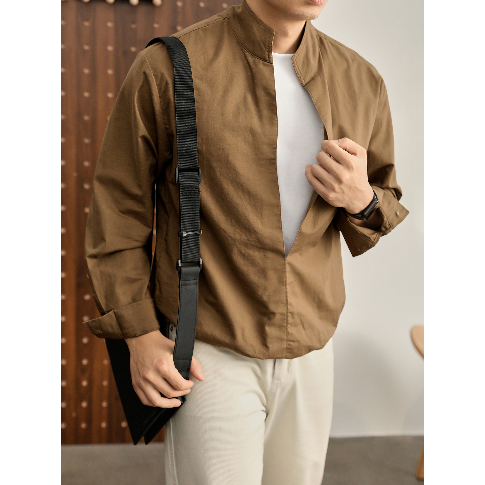 LUUD 复古老钱假两件下摆前短后长立领半开襟亚麻混纺长袖衬衫男