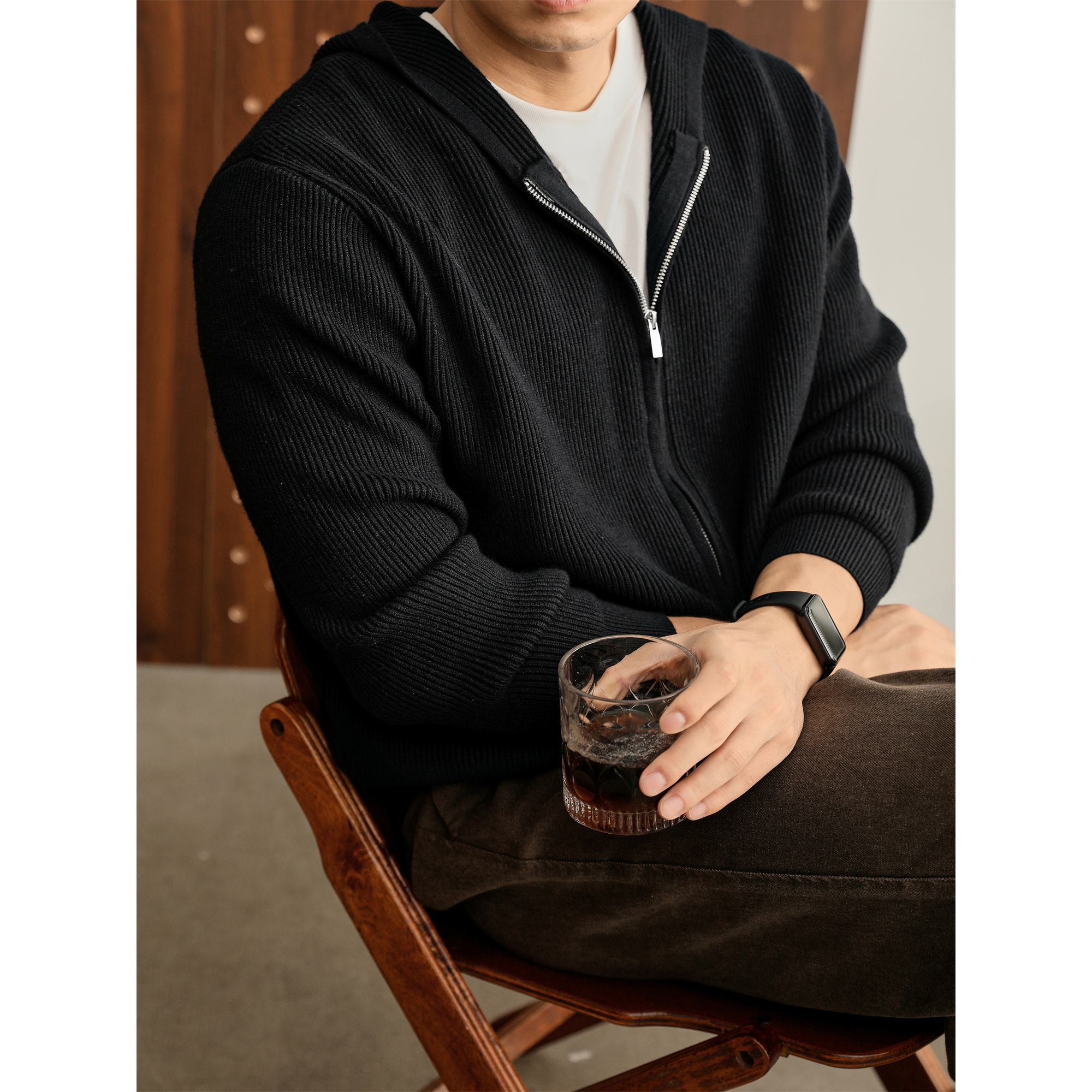 LUUD cleanfit黑色连帽毛线衣开衫男士秋冬竖纹提花肌理针织外套