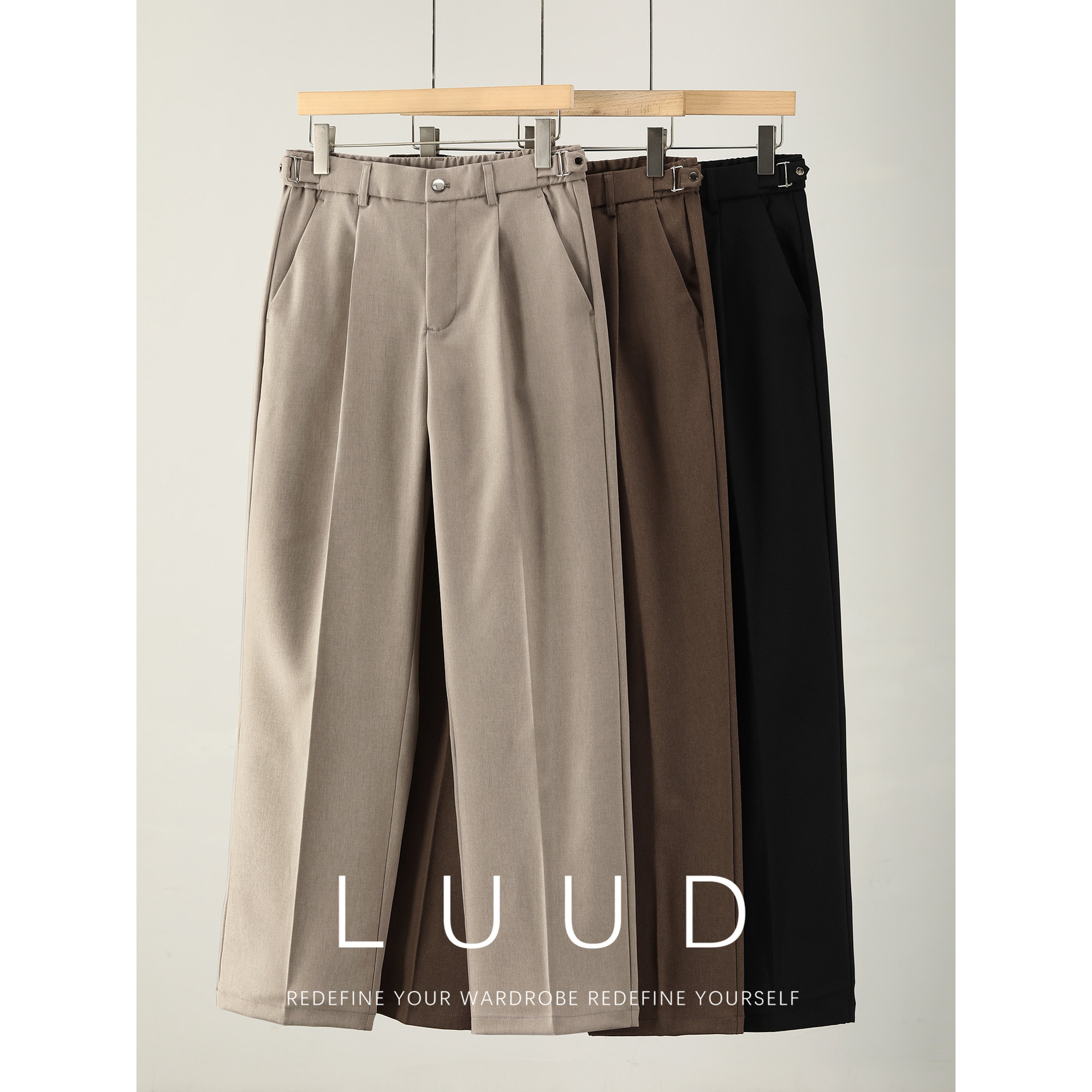 LUUD 立体裁剪裤口褶边休闲裤收紧腰扣设计免熨烫垂感直筒长裤男