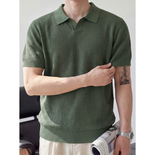 LUUD 意式新贵墨绿色针织翻领短袖T恤男夏清爽冰爽丝海鸥领POLO衫