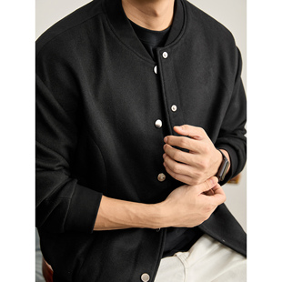 LUUD 设计极简黑色呢料夹克 绵羊毛混纺磨毛棒球领外套男抽褶袖