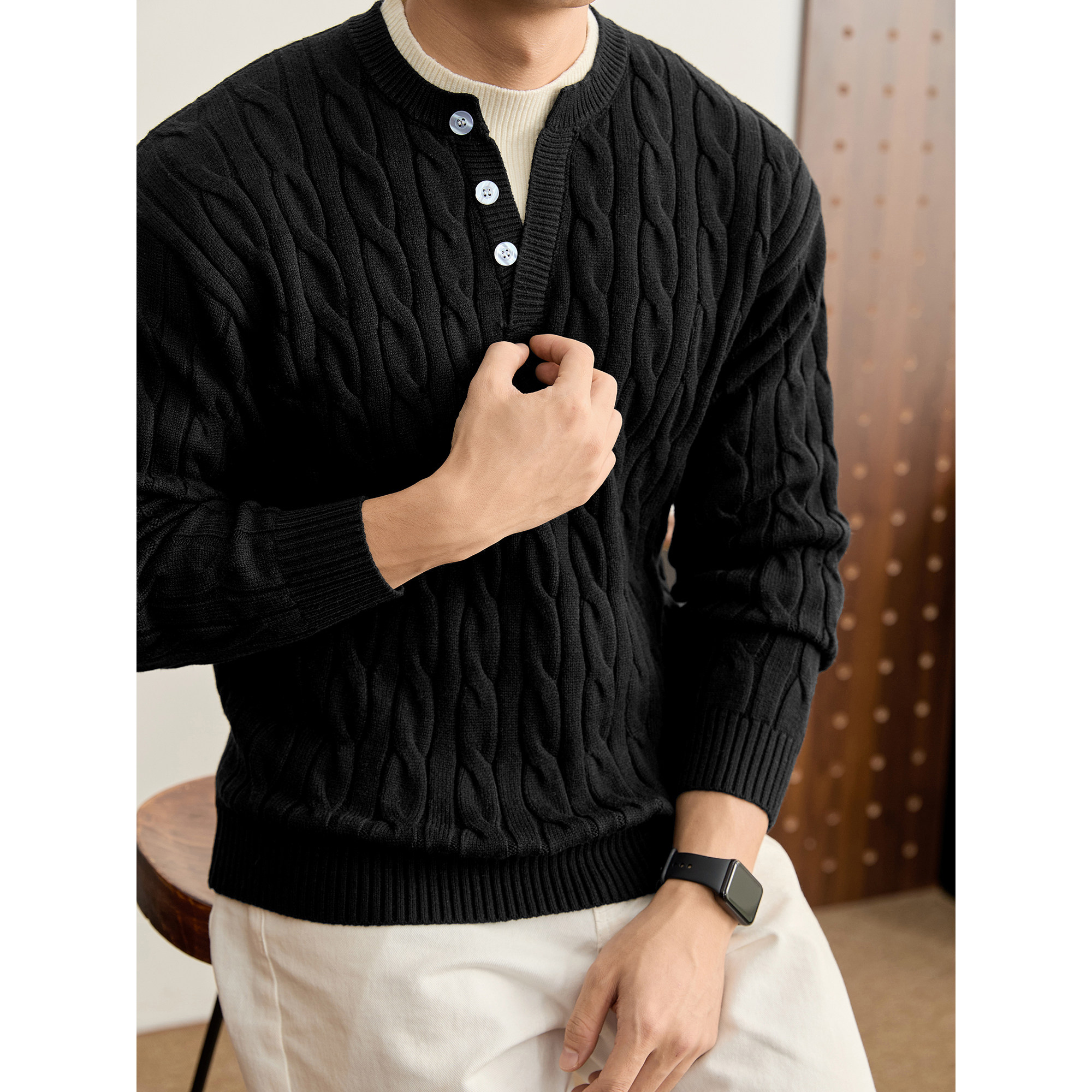 LUUD 男冬莫代尔抗起球包芯纱毛衣假两件双层领口麻花肌理针织衫,男装,针织衫/毛衣,淘宝优惠券,粉丝福利购,淘宝优惠卷
