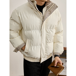 LUUD 冬季内里夹棉轻盈保暖棉服男假两件格纹内衬双门襟棉衣外套