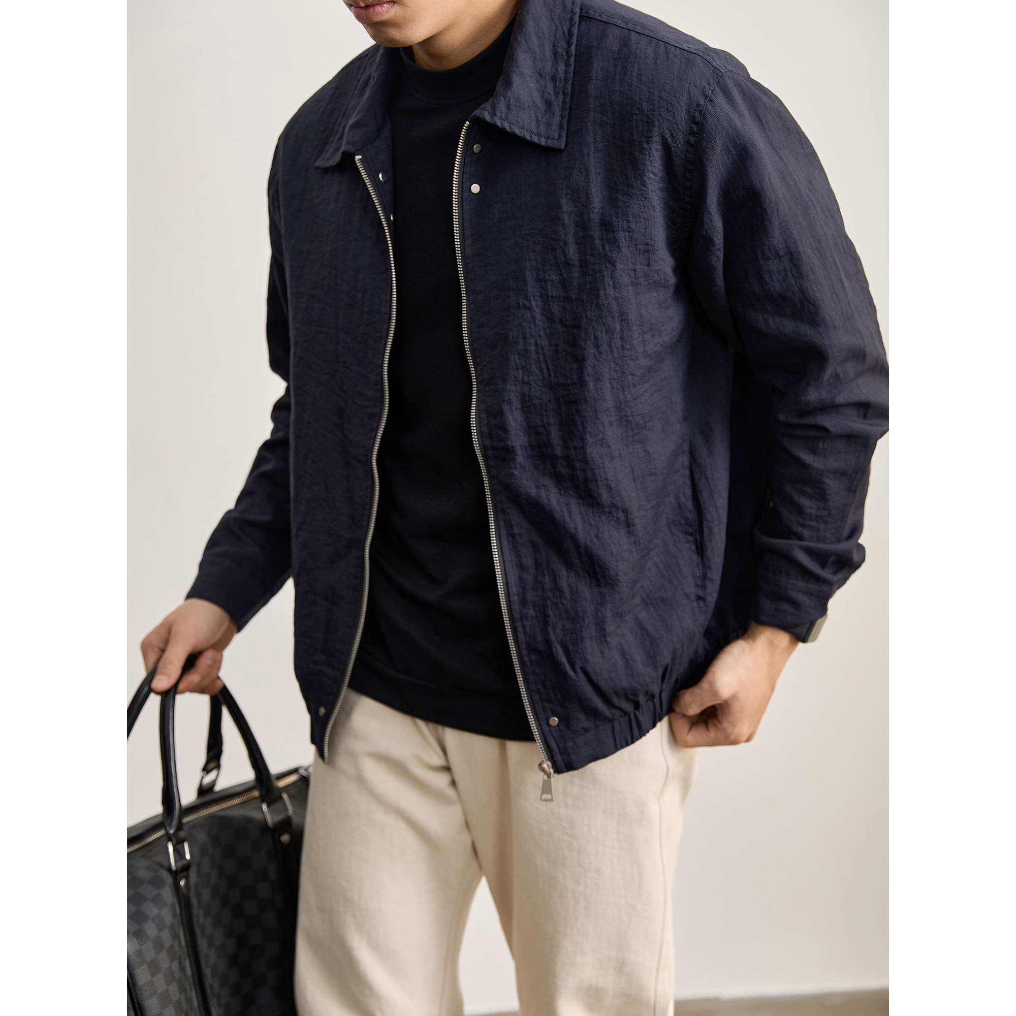 LUUD 桑蚕丝亚麻混纺透气纱感薄外套春季精梳铆钉装饰通勤夹克男