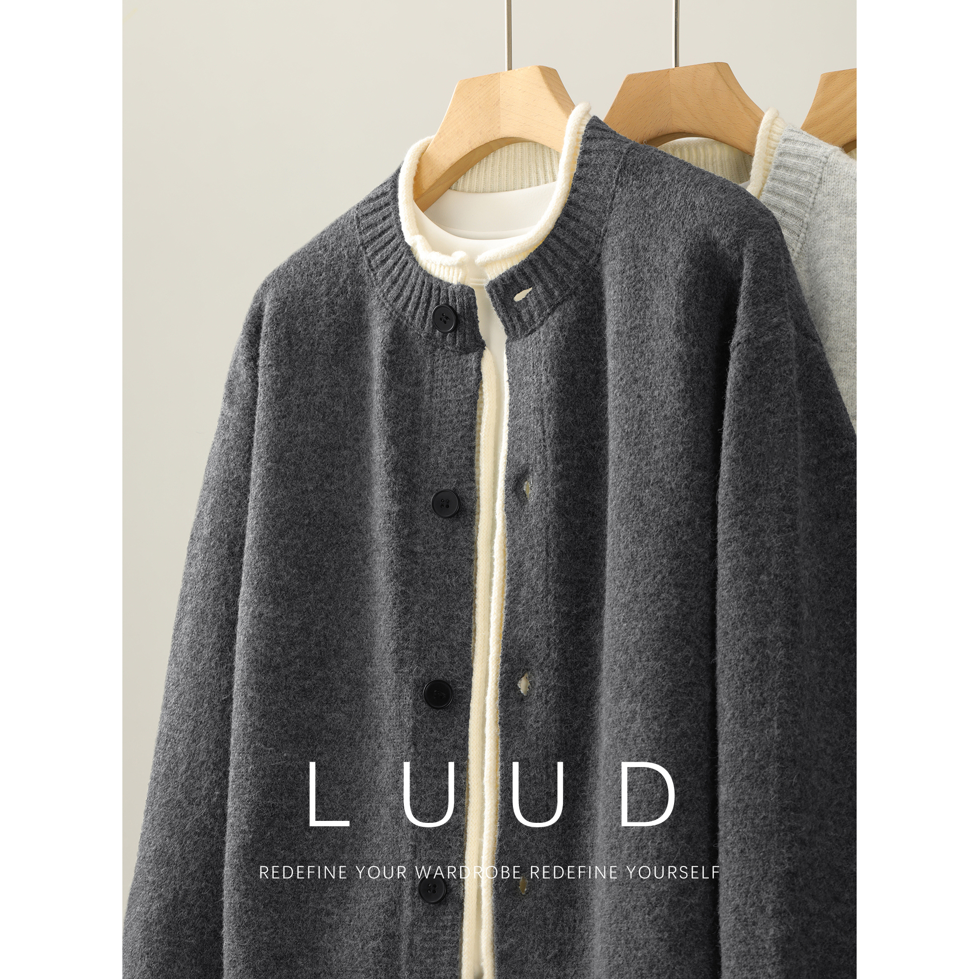 LUUD 罗纹卷边假两件拼接针织开衫羊毛混纺重磅加厚毛衣外套男士