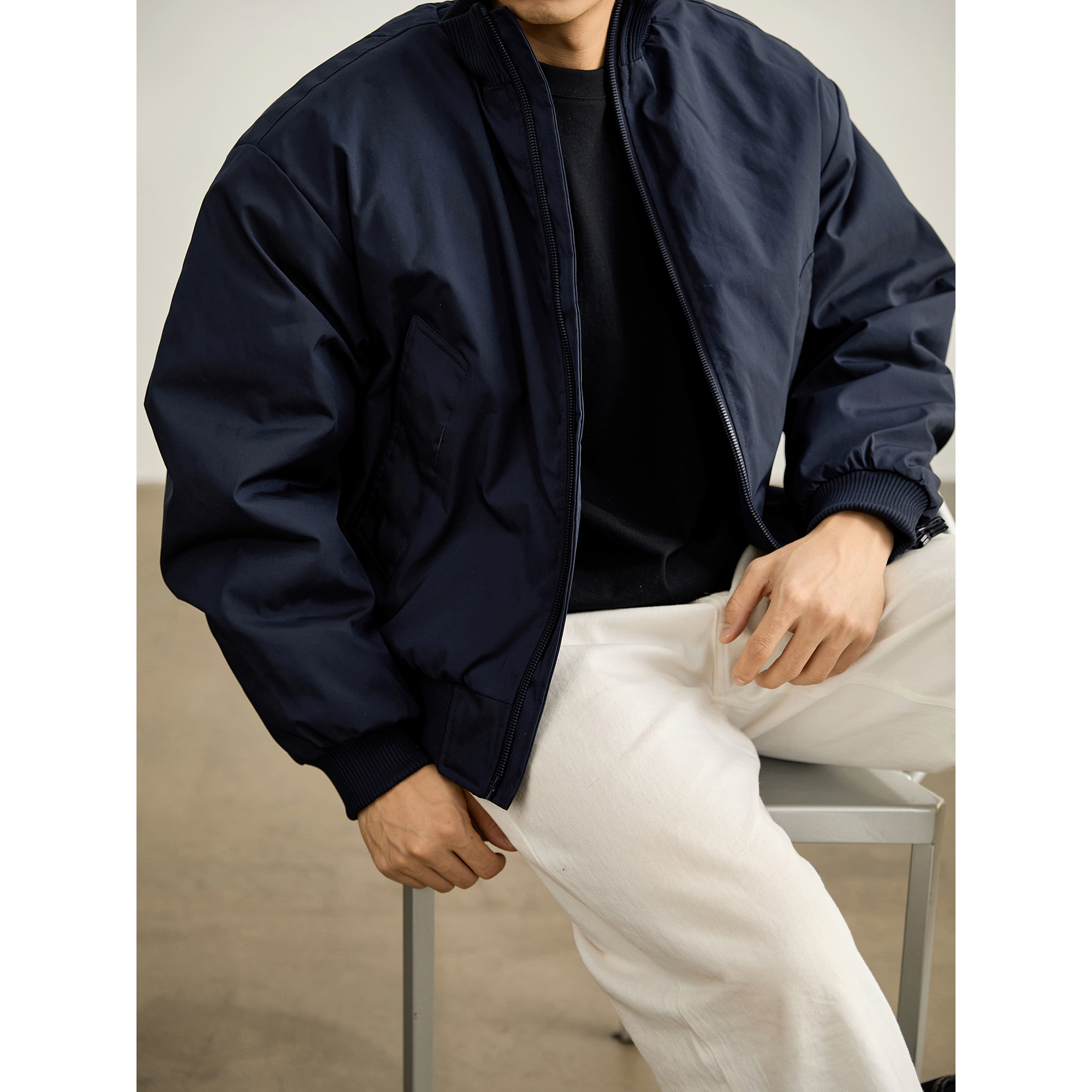 LUUD 机能风短宽款针织罗纹立领夹克男冬内里夹棉双拉链棉衣外套