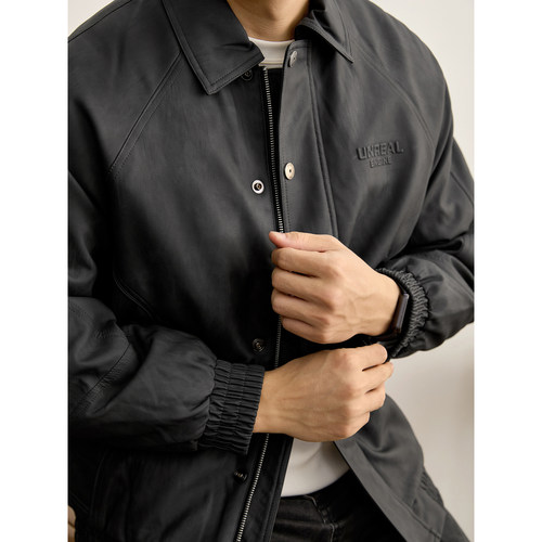 LUUD 土星金属贴标PU皮外套男冬季立体英文烫印国标白鸭绒羽绒服