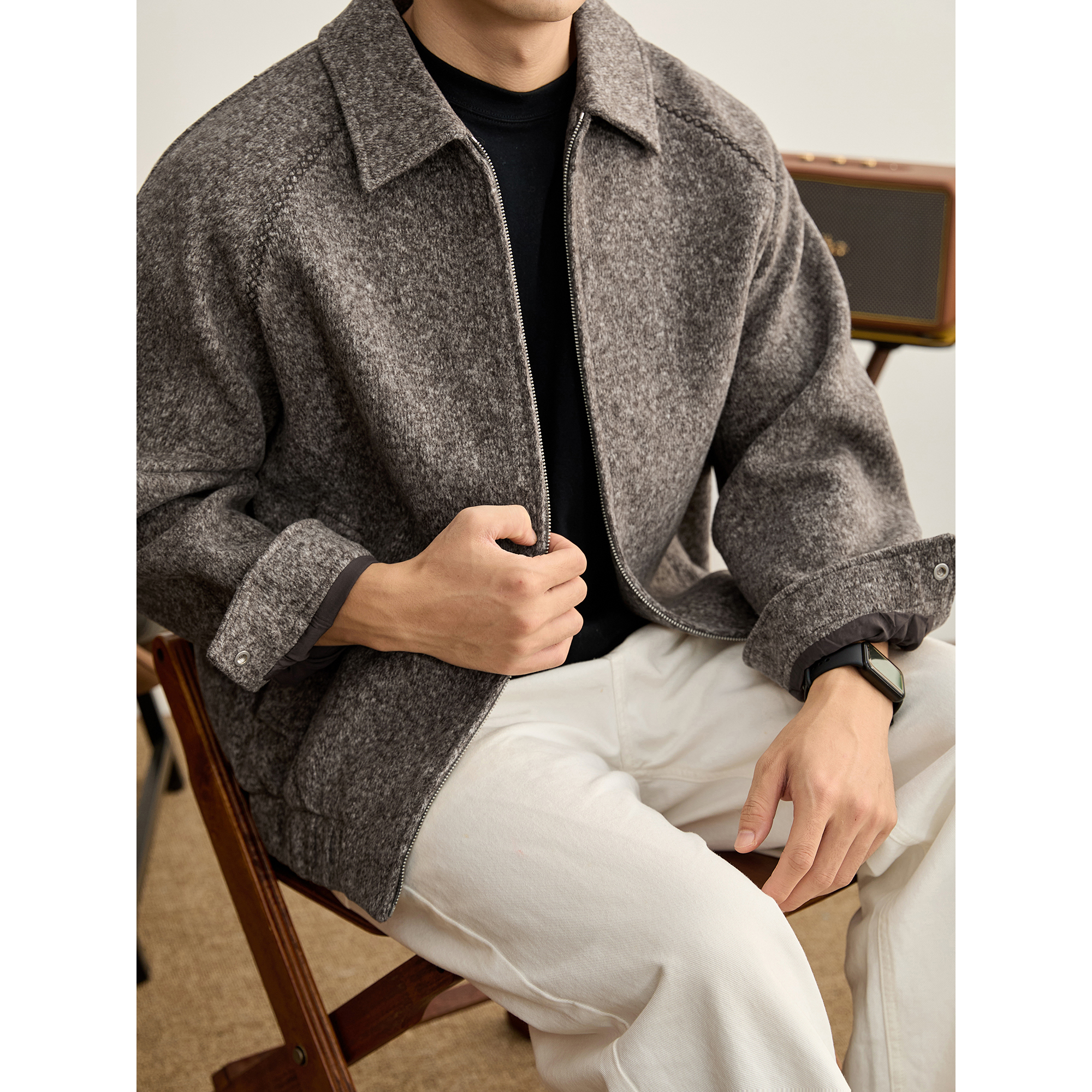 LUUD 特殊磨毛肌理毛圈棉羊毛混纺夹克男士肩甲结构短宽毛呢外套