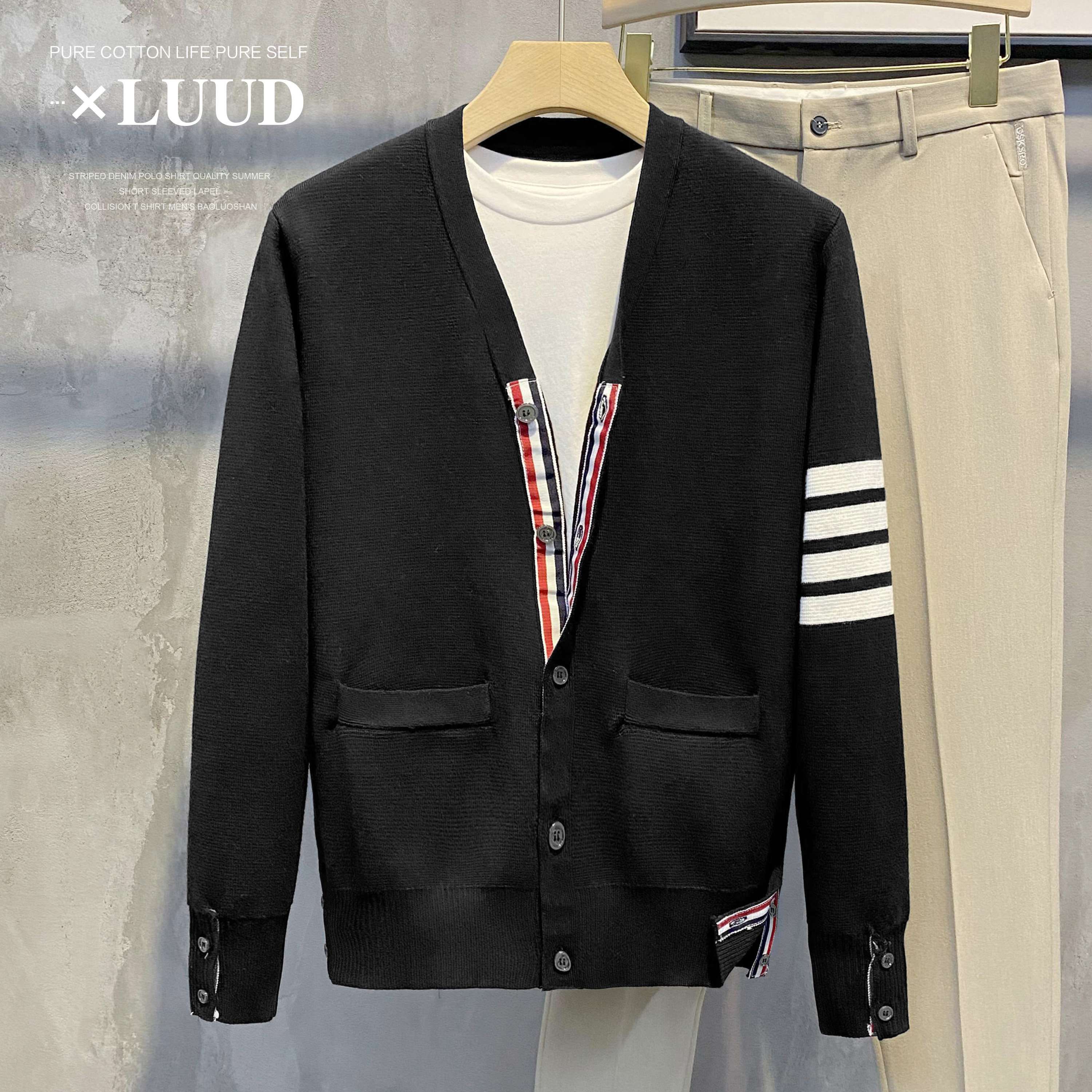 LUUD 유럽 대비 컬러 리본 니트 가디건 남성 한국 스타일 잘 생긴 트렌디 스웨터 슬림 캐주얼 자켓
