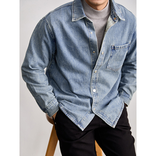 LUUD 男早春磨白做旧翻领衬衣外套 莱赛尔天丝混纺水洗棉牛仔衬衫