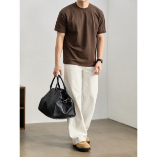 美式 深咖色圆领分割线短袖 老钱风男士 上衣夏季 落肩微阔T恤衫 LUUD