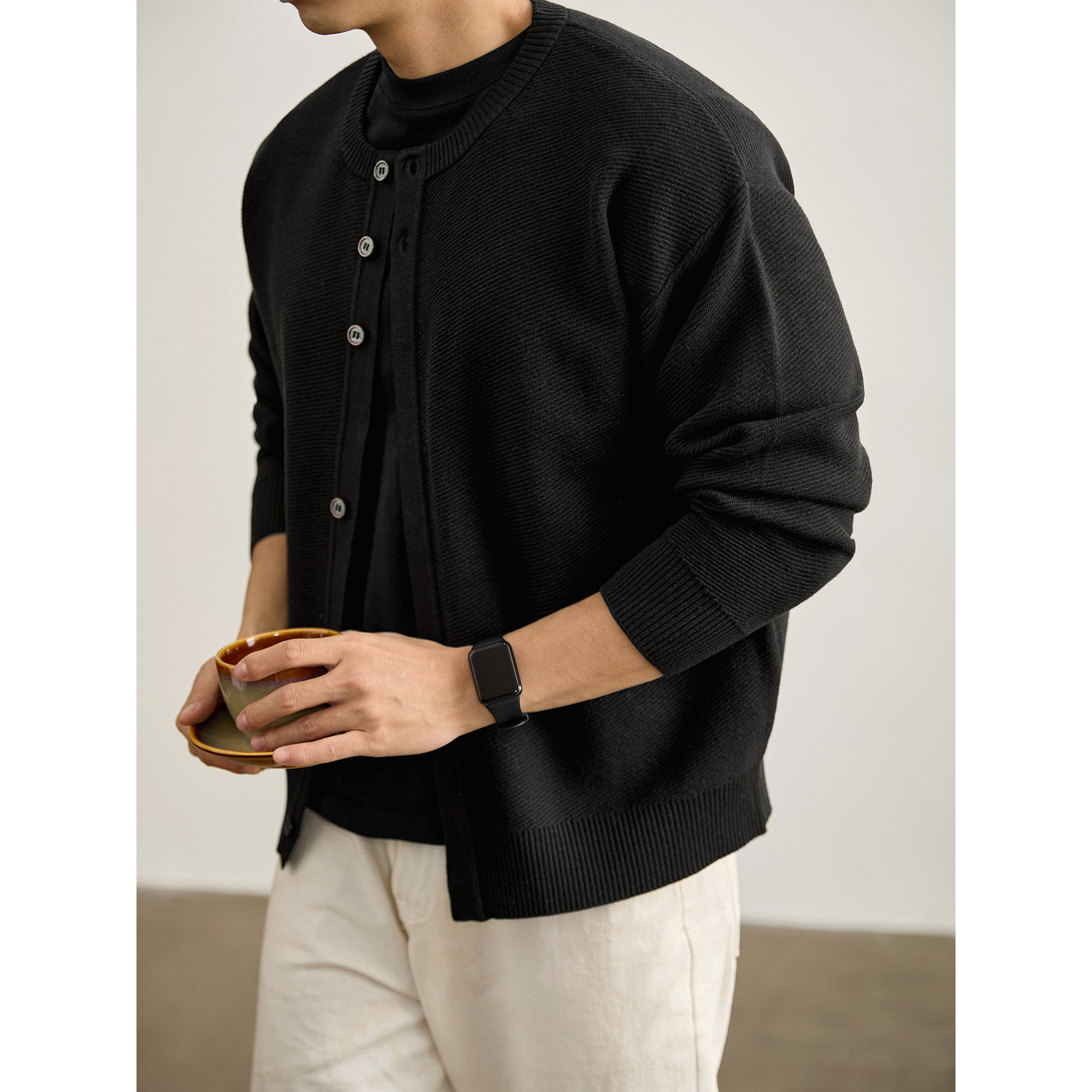 LUUD 绵羊毛混纺斜纹肌理隐藏式定制树脂扣针织开衫男冬毛衣外套