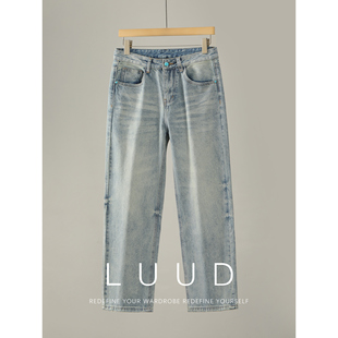饰水洗做旧渐变牛仔裤 LUUD 绿松石装 男士 冰川蓝自然猫须直筒长裤