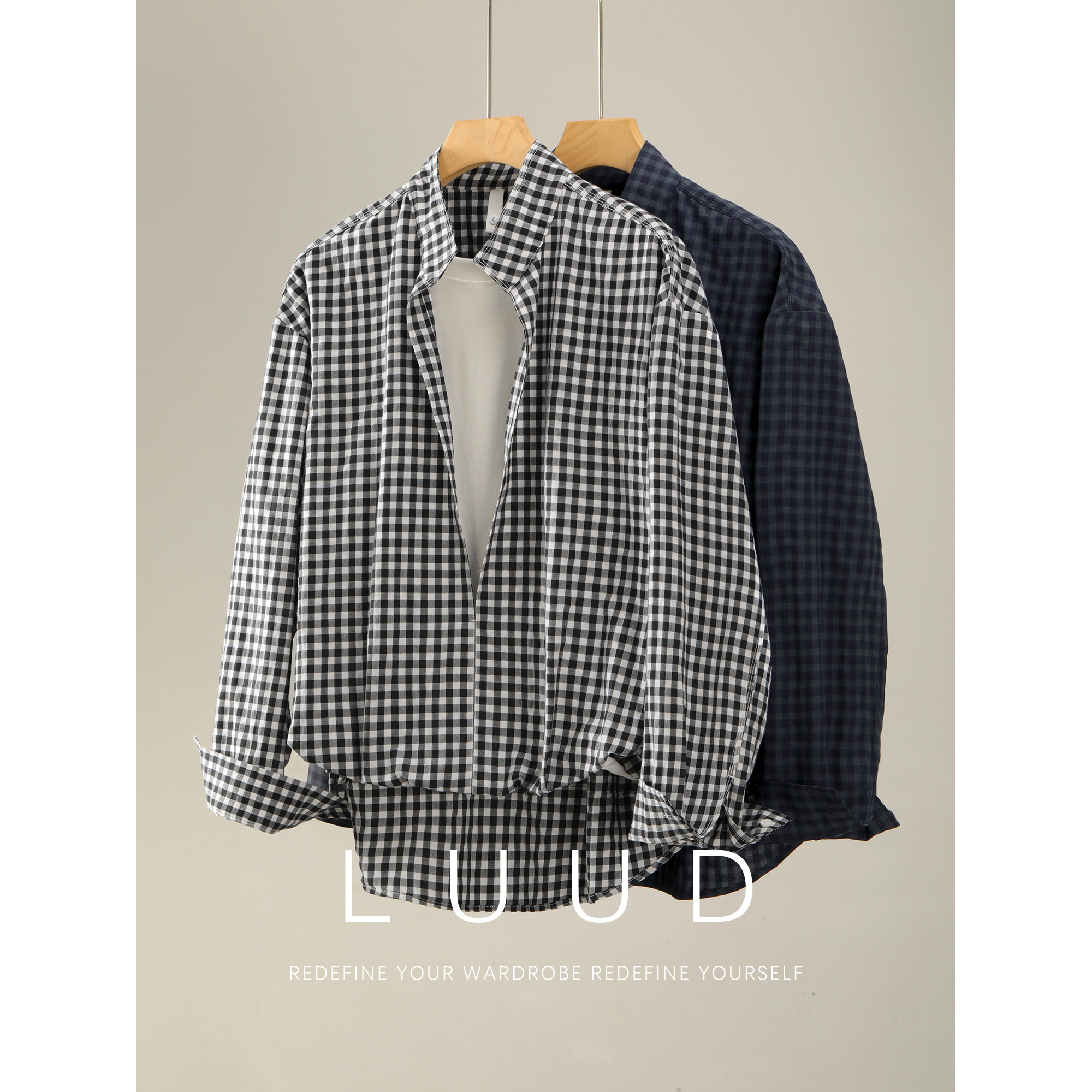 LUUD 设计感黑白格纹假两件拼接长袖衬衫时尚复古半开襟棉质衬衣