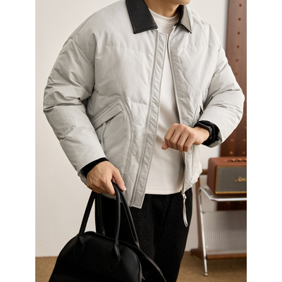 LUUD 御寒保暖白鸭绒羽绒服男款拉链大口袋皮质拼接翻领工装外套