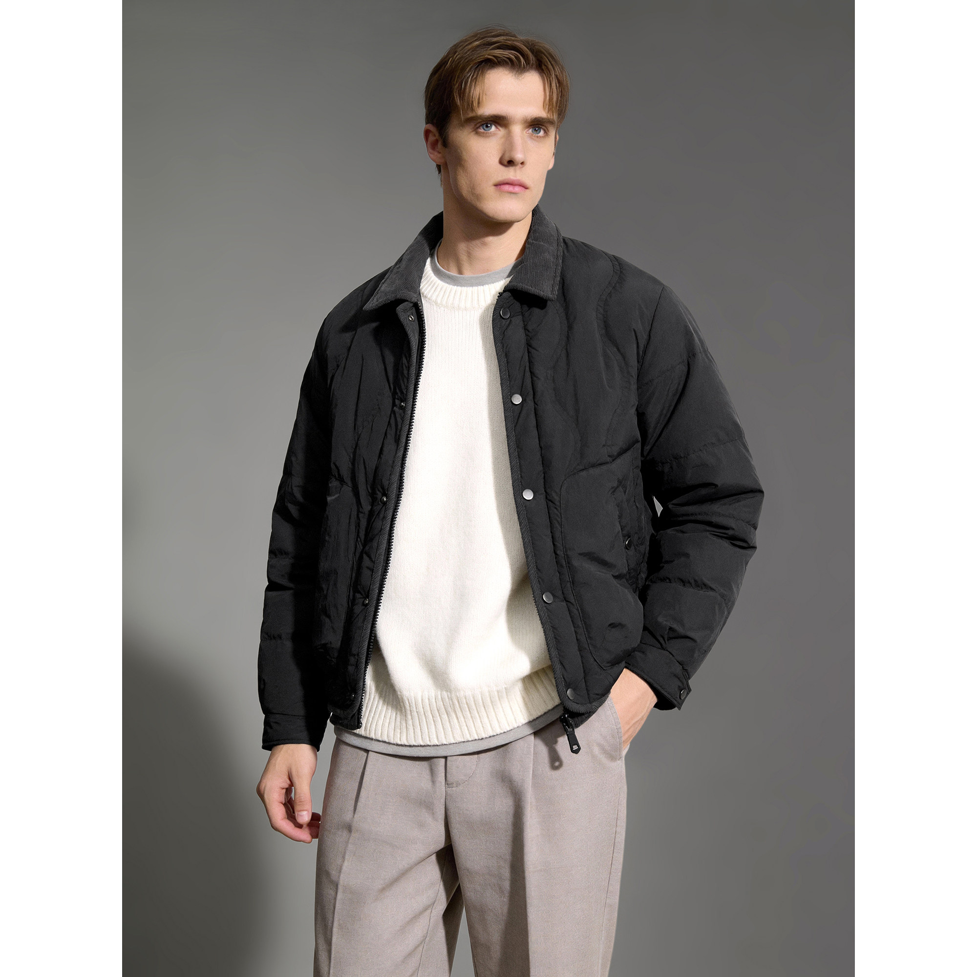 LUUD 净色90白鸭绒双门襟防风面包服外套灯芯绒拼料翻领羽绒服男,男装,羽绒服,淘宝优惠券,粉丝福利购,淘宝优惠卷