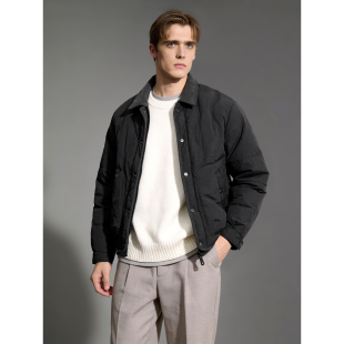 LUUD 净色90白鸭绒双门襟防风面包服外套灯芯绒拼料翻领羽绒服男