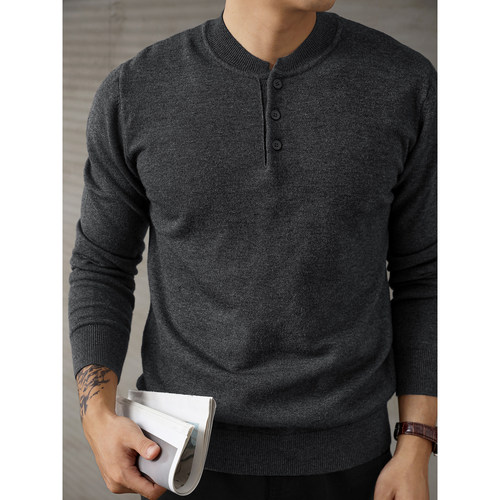 LUUD 深灰色潮流感亨利领长袖针织衫男秋冬修身上衣罗纹底摆毛衣