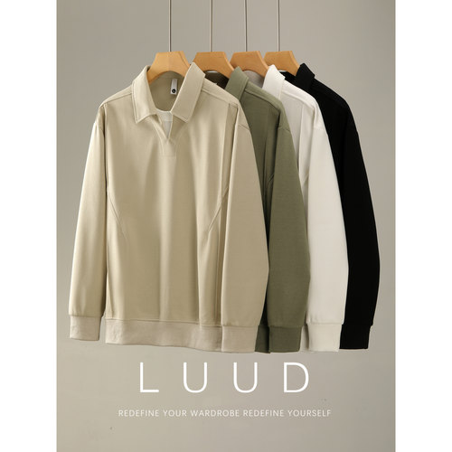 LUUD 简约休闲假两件拼接翻领Polo卫衣男秋季立体分割线长袖上衣