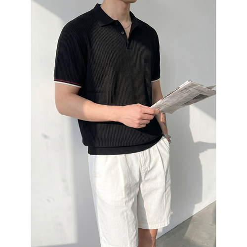 LUUD 简约轻奢风合身针织POLO领短袖竖坑条肌理袖口条纹撞色T恤男