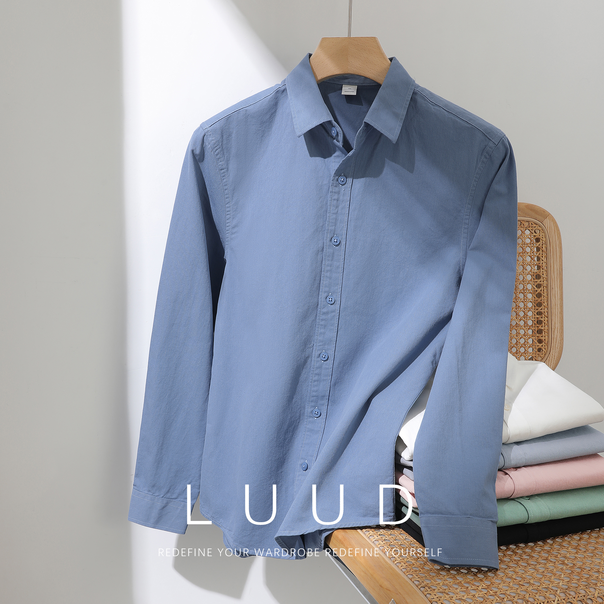 LUUD 文艺男青年时尚翻领长袖衬衫高级感修身净色外搭衬衣小外套