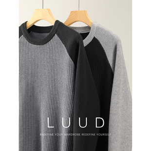 LUUD 撞色插肩袖圆领长袖毛衣男装华夫格肌理重磅760g针织衫秋冬