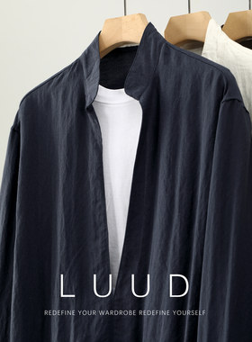 LUUD 撞色假两件半开襟立领衬衫男莱赛尔混纺亚麻双层领长袖衬衣