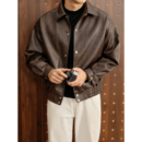 LUUD 秋冬美式复古翻领皮衣外套PU皮革纹理硬朗机车风短宽夹克男